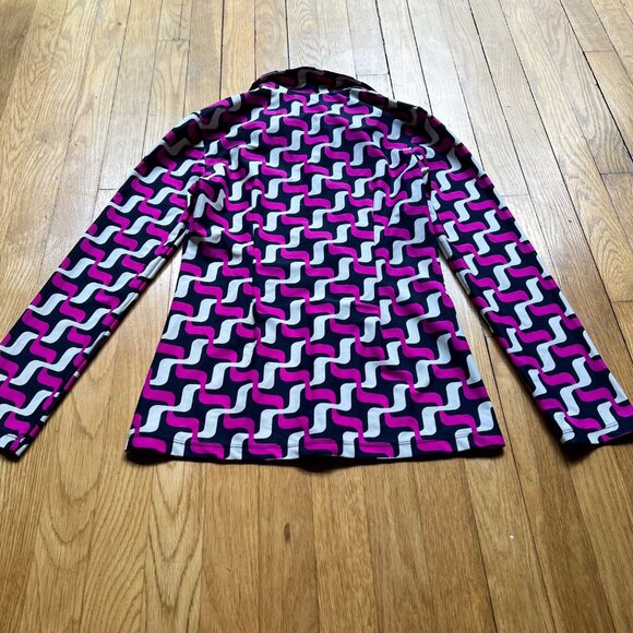 Jude Connally Size S Pink Navy Blue Geometric Print Long Sleeve Polo Shirt Top - Picture 5 of 10